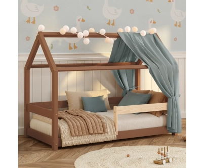Hausbett für Kinder mit Rausfallschutz und Lattenrost MILO Montessori Holz