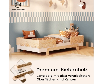 Einzelbett für Kinder mit Rausfallschutz und Lattenrost PUZZLE BR2 Montessori Holz