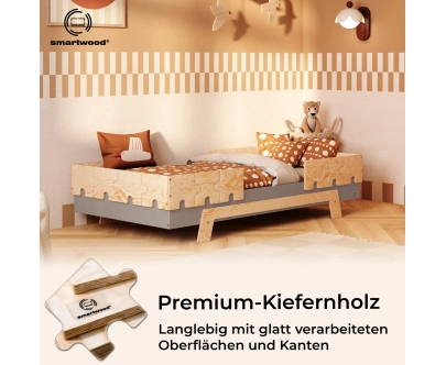 Einzelbett für Kinder mit Rausfallschutz und Lattenrost PUZZLE BR2 Montessori Holz