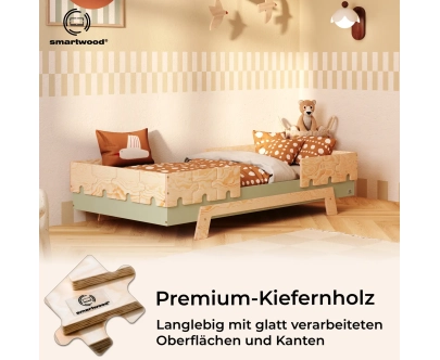 Einzelbett für Kinder mit Rausfallschutz und Lattenrost PUZZLE BR2 Montessori Holz