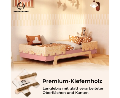 Einzelbett für Kinder mit Rausfallschutz und Lattenrost PUZZLE BR2 Montessori Holz