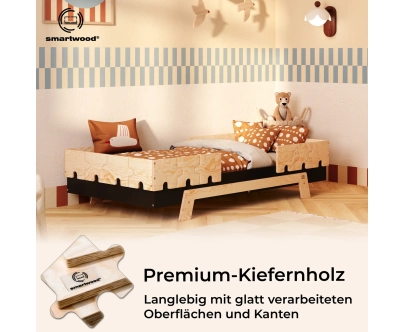 Einzelbett für Kinder mit Rausfallschutz und Lattenrost PUZZLE BR2 Montessori Holz
