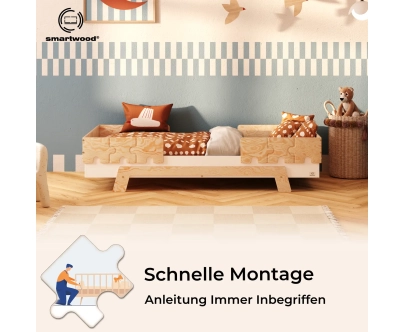 Einzelbett für Kinder mit Rausfallschutz und Lattenrost PUZZLE BR2 Montessori Holz