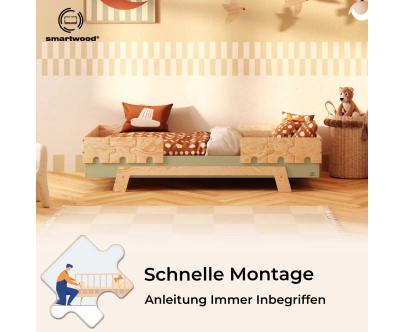 Einzelbett für Kinder mit Rausfallschutz und Lattenrost PUZZLE BR2 Montessori Holz