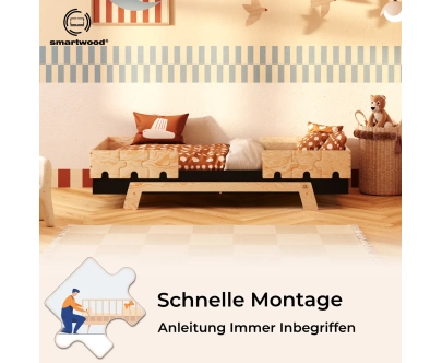 Einzelbett für Kinder mit Rausfallschutz und Lattenrost PUZZLE BR2 Montessori Holz