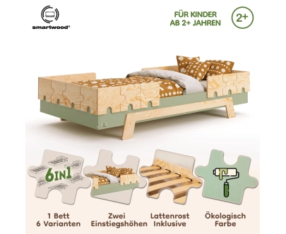 Einzelbett für Kinder mit Rausfallschutz und Lattenrost PUZZLE BR2 Montessori Holz