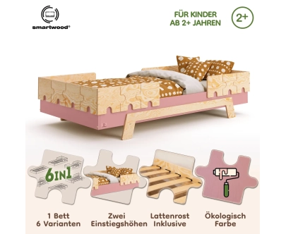 Einzelbett für Kinder mit Rausfallschutz und Lattenrost PUZZLE BR2 Montessori Holz