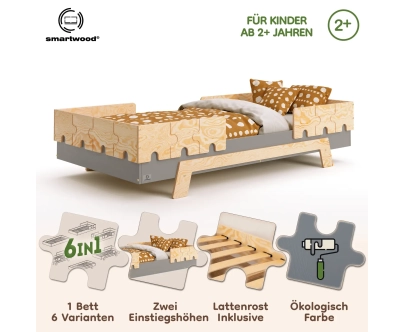 Einzelbett für Kinder mit Rausfallschutz und Lattenrost PUZZLE BR2 Montessori Holz