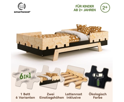 Einzelbett für Kinder mit Rausfallschutz und Lattenrost PUZZLE BR2 Montessori Holz