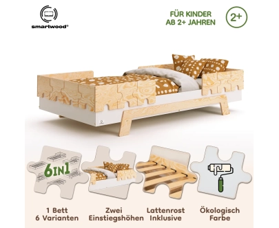 Einzelbett für Kinder mit Rausfallschutz und Lattenrost PUZZLE BR2 Montessori Holz