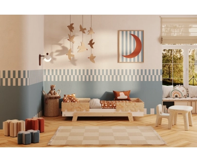 Einzelbett für Kinder mit Rausfallschutz und Lattenrost PUZZLE BR2 Montessori Holz