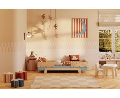 Einzelbett für Kinder mit Rausfallschutz und Lattenrost PUZZLE BR2 Montessori Holz