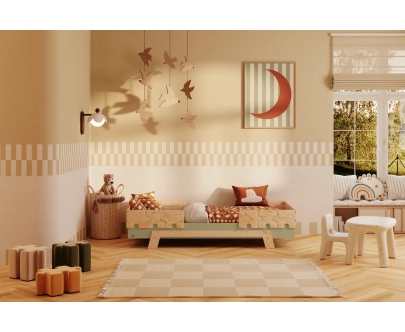 Einzelbett für Kinder mit Rausfallschutz und Lattenrost PUZZLE BR2 Montessori Holz