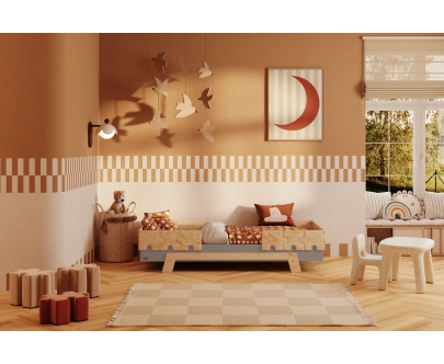 Einzelbett für Kinder mit Rausfallschutz und Lattenrost PUZZLE BR2 Montessori Holz