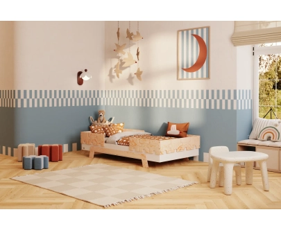 Einzelbett für Kinder mit Rausfallschutz und Lattenrost PUZZLE BR2 Montessori Holz