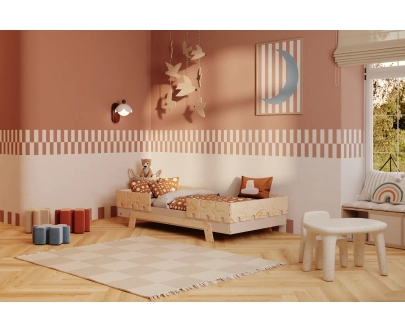 Einzelbett für Kinder mit Rausfallschutz und Lattenrost PUZZLE BR2 Montessori Holz