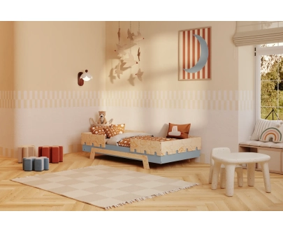 Einzelbett für Kinder mit Rausfallschutz und Lattenrost PUZZLE BR2 Montessori Holz