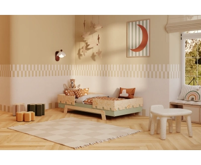 Einzelbett für Kinder mit Rausfallschutz und Lattenrost PUZZLE BR2 Montessori Holz