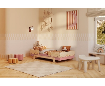 Einzelbett für Kinder mit Rausfallschutz und Lattenrost PUZZLE BR2 Montessori Holz