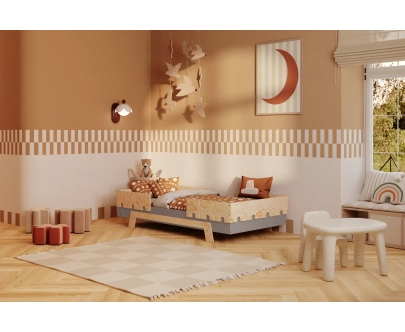 Einzelbett für Kinder mit Rausfallschutz und Lattenrost PUZZLE BR2 Montessori Holz