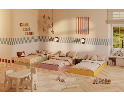 Einzelbett für Kinder mit Rausfallschutz und Lattenrost PUZZLE BR1 Montessori Holz