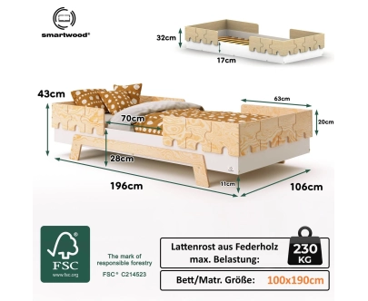 Einzelbett für Kinder mit Rausfallschutz und Lattenrost PUZZLE BR2 Montessori Holz