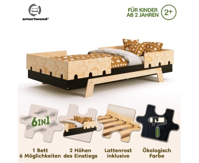 Einzelbett für Kinder mit Rausfallschutz und Lattenrost PUZZLE BR2 Montessori Holz