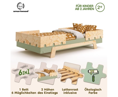 Einzelbett für Kinder mit Rausfallschutz und Lattenrost PUZZLE BR2 Montessori Holz