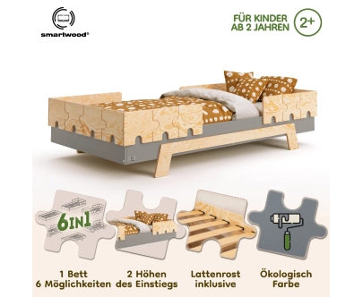Einzelbett für Kinder mit Rausfallschutz und Lattenrost PUZZLE BR2 Montessori Holz