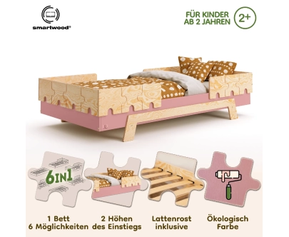 Einzelbett für Kinder mit Rausfallschutz und Lattenrost PUZZLE BR2 Montessori Holz