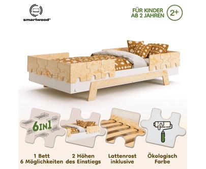 Einzelbett für Kinder mit Rausfallschutz und Lattenrost PUZZLE BR2 Montessori Holz
