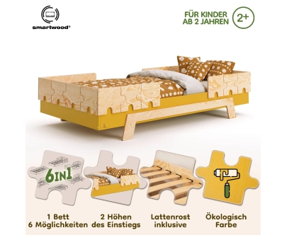 Einzelbett für Kinder mit Rausfallschutz und Lattenrost PUZZLE BR2 Montessori Holz