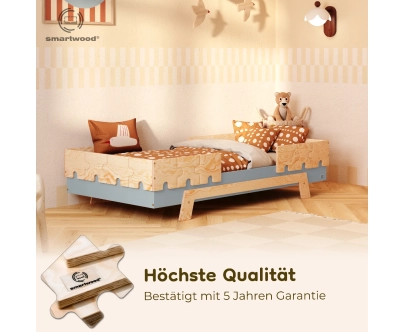 Einzelbett für Kinder mit Rausfallschutz und Lattenrost PUZZLE BR2 Montessori Holz