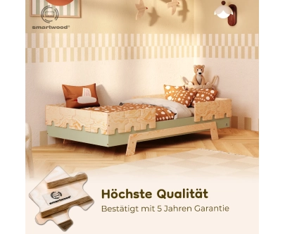 Einzelbett für Kinder mit Rausfallschutz und Lattenrost PUZZLE BR2 Montessori Holz