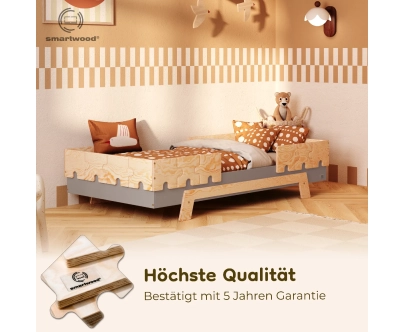 Einzelbett für Kinder mit Rausfallschutz und Lattenrost PUZZLE BR2 Montessori Holz
