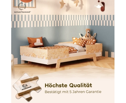 Einzelbett für Kinder mit Rausfallschutz und Lattenrost PUZZLE BR2 Montessori Holz