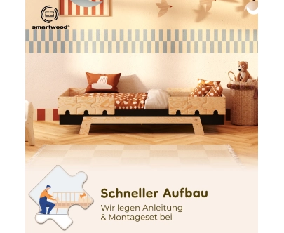 Einzelbett für Kinder mit Rausfallschutz und Lattenrost PUZZLE BR2 Montessori Holz