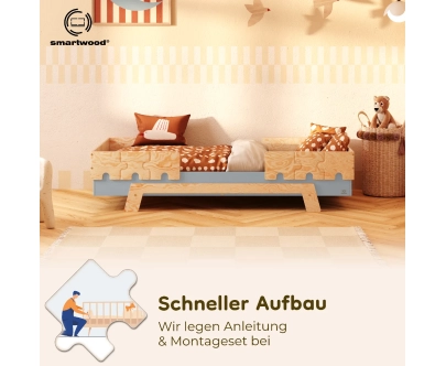 Einzelbett für Kinder mit Rausfallschutz und Lattenrost PUZZLE BR2 Montessori Holz
