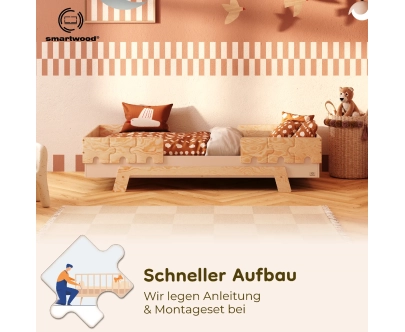 Einzelbett für Kinder mit Rausfallschutz und Lattenrost PUZZLE BR2 Montessori Holz