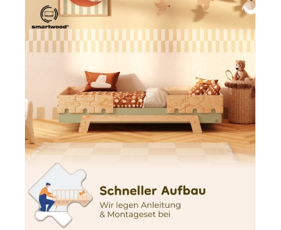 Einzelbett für Kinder mit Rausfallschutz und Lattenrost PUZZLE BR2 Montessori Holz