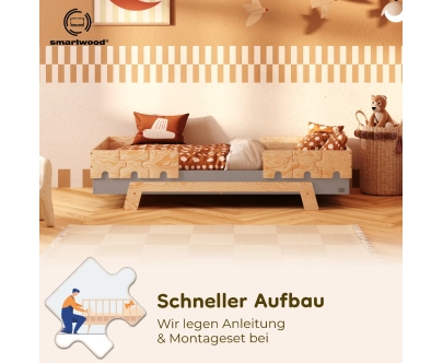 Einzelbett für Kinder mit Rausfallschutz und Lattenrost PUZZLE BR2 Montessori Holz