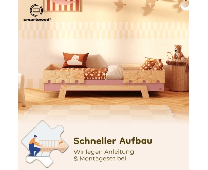 Einzelbett für Kinder mit Rausfallschutz und Lattenrost PUZZLE BR2 Montessori Holz