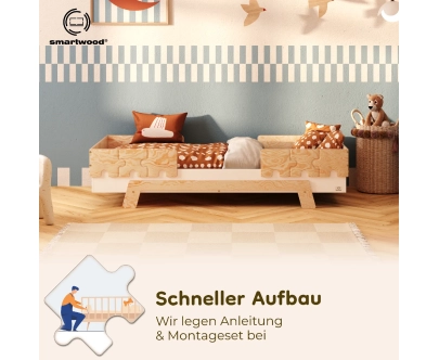 Einzelbett für Kinder mit Rausfallschutz und Lattenrost PUZZLE BR2 Montessori Holz