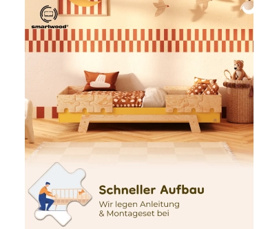 Einzelbett für Kinder mit Rausfallschutz und Lattenrost PUZZLE BR2 Montessori Holz