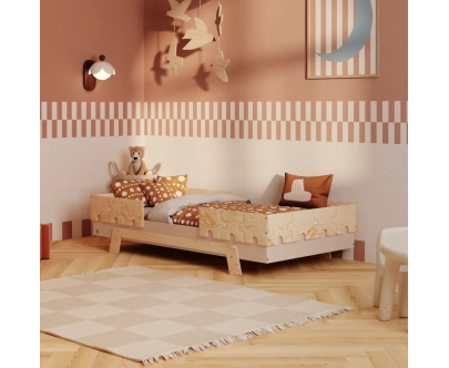 Einzelbett für Kinder mit Rausfallschutz und Lattenrost PUZZLE BR2 Montessori Holz