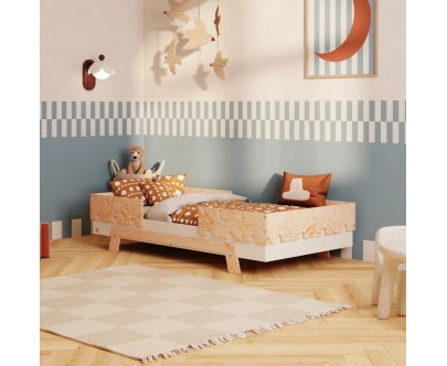 Einzelbett für Kinder mit Rausfallschutz und Lattenrost PUZZLE BR2 Montessori Holz