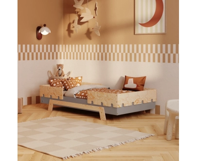 Einzelbett für Kinder mit Rausfallschutz und Lattenrost PUZZLE BR2 Montessori Holz