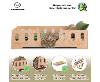 Einzelbett für Kinder mit Rausfallschutz und Lattenrost TILA 2 Montessori Holz