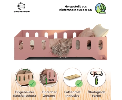 Einzelbett für Kinder mit Rausfallschutz und Lattenrost TILA 2 Montessori Holz