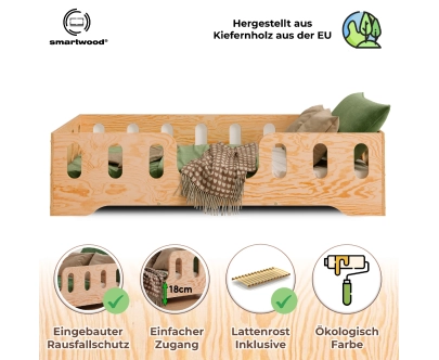 Einzelbett für Kinder mit Rausfallschutz und Lattenrost TILA 2 Montessori Holz